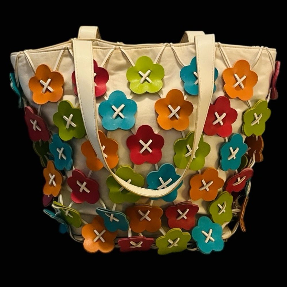 Nine West Florsl Embellished Colorful Canvas Faux Leather Tote Purse Bag - Picture 2 of 15